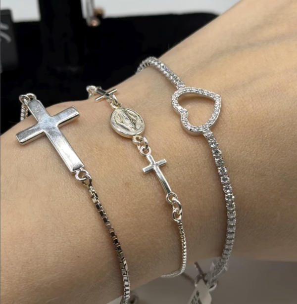 Sterling Silver Miraculous and Crosses Adjustable Bracelet - Image 3